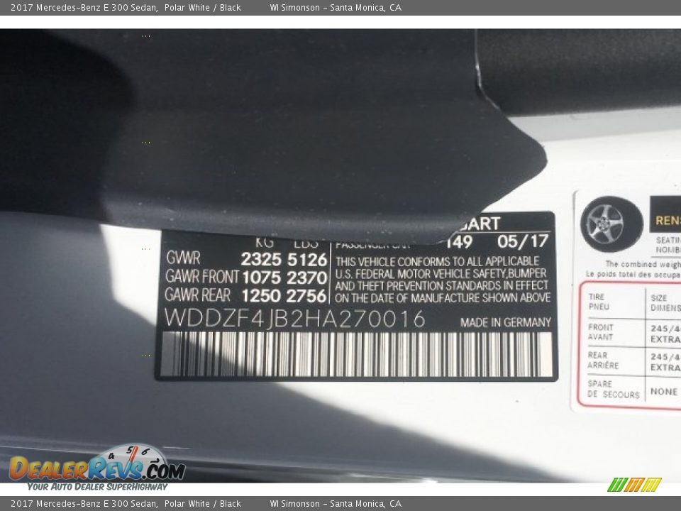 2017 Mercedes-Benz E 300 Sedan Polar White / Black Photo #10