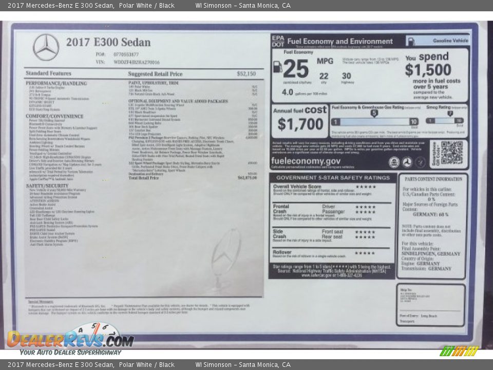 2017 Mercedes-Benz E 300 Sedan Polar White / Black Photo #11