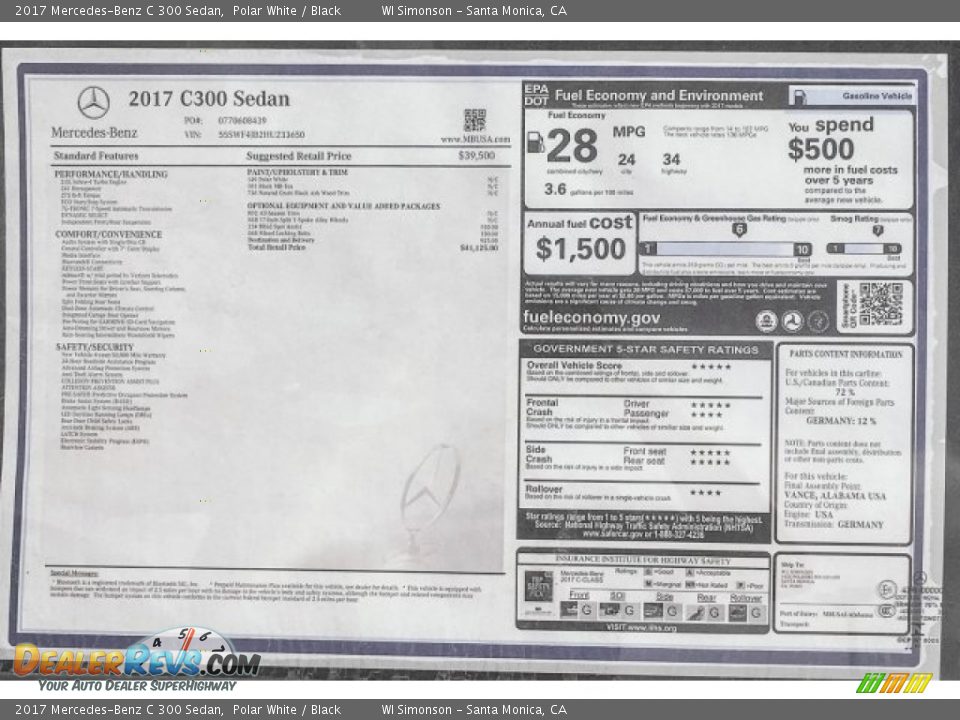 2017 Mercedes-Benz C 300 Sedan Polar White / Black Photo #11
