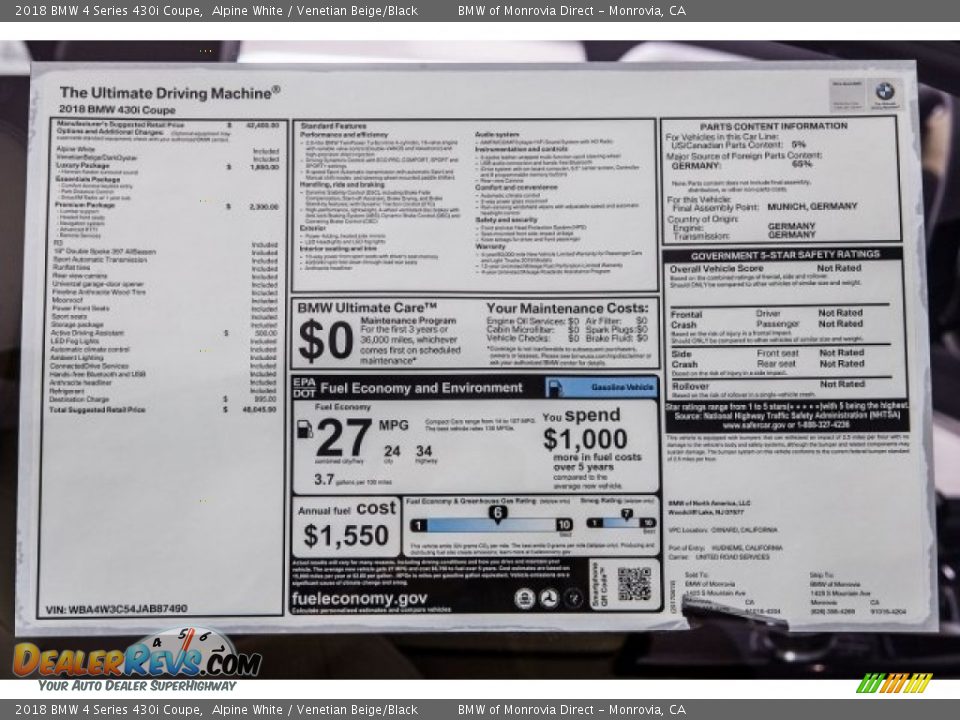 2018 BMW 4 Series 430i Coupe Alpine White / Venetian Beige/Black Photo #10