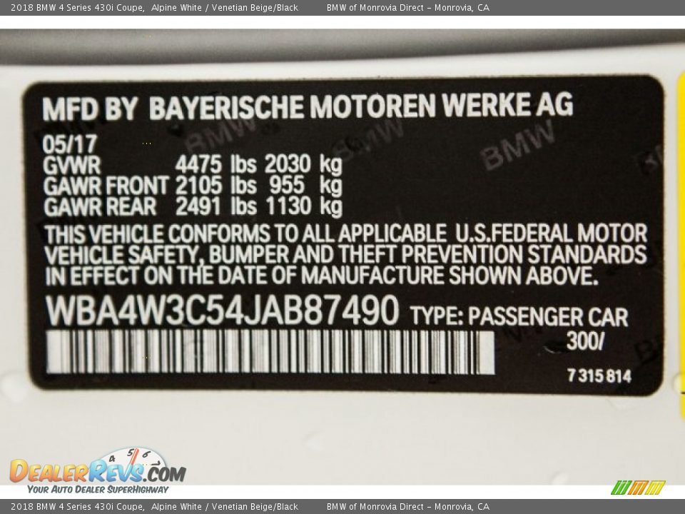 2018 BMW 4 Series 430i Coupe Alpine White / Venetian Beige/Black Photo #11