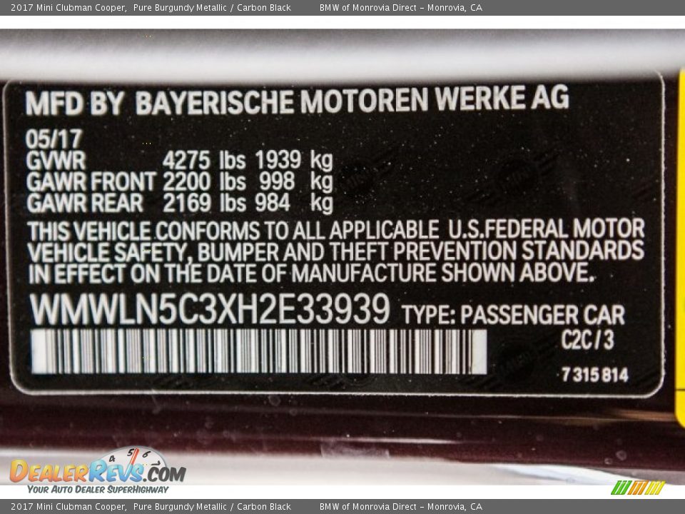 2017 Mini Clubman Cooper Pure Burgundy Metallic / Carbon Black Photo #11