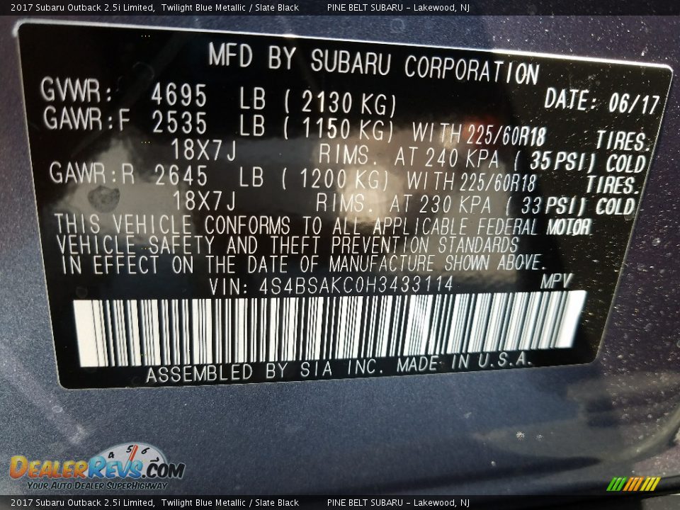 2017 Subaru Outback 2.5i Limited Twilight Blue Metallic / Slate Black Photo #7