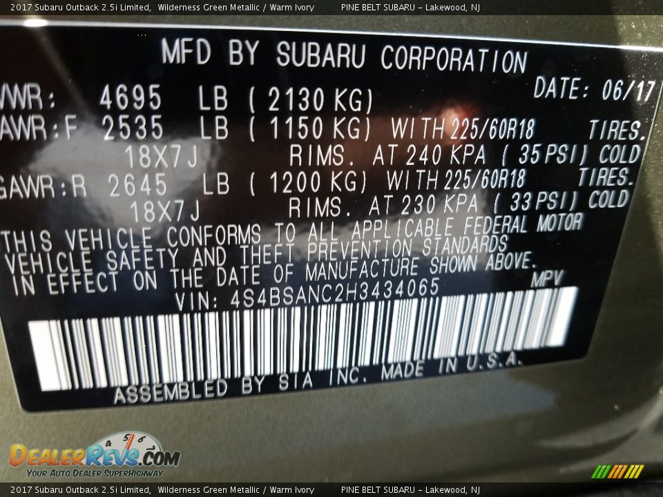 2017 Subaru Outback 2.5i Limited Wilderness Green Metallic / Warm Ivory Photo #7