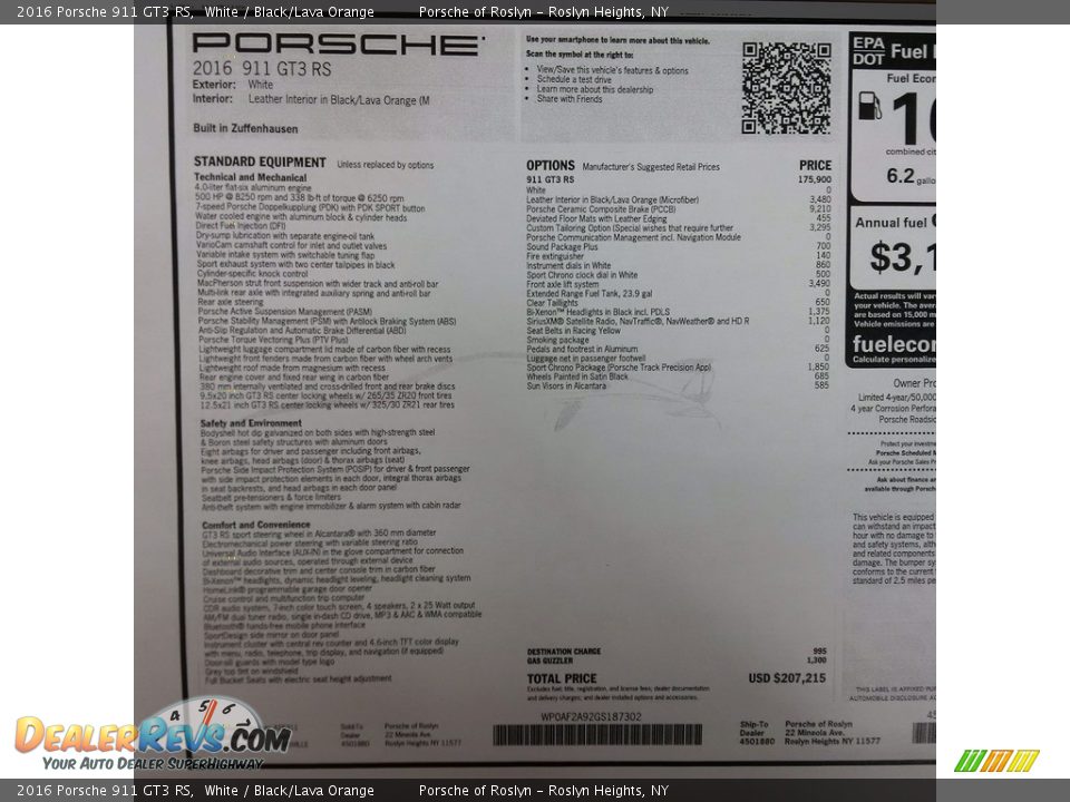 2016 Porsche 911 GT3 RS Window Sticker Photo #26