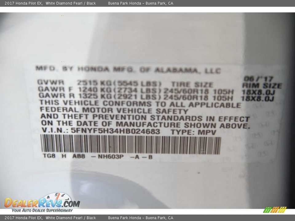 2017 Honda Pilot EX White Diamond Pearl / Black Photo #9