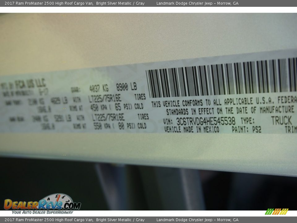 2017 Ram ProMaster 2500 High Roof Cargo Van Bright Silver Metallic / Gray Photo #9