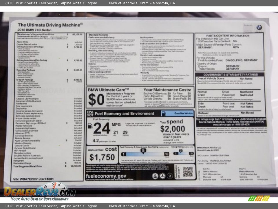 2018 BMW 7 Series 740i Sedan Alpine White / Cognac Photo #10
