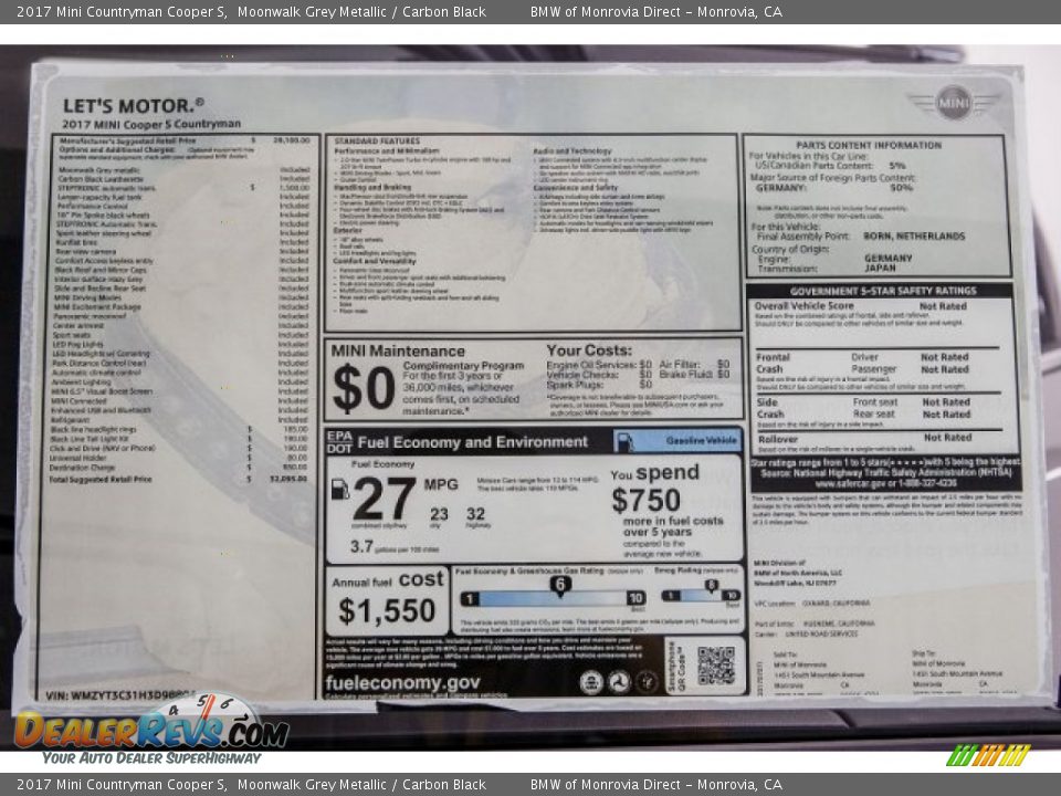 2017 Mini Countryman Cooper S Moonwalk Grey Metallic / Carbon Black Photo #10