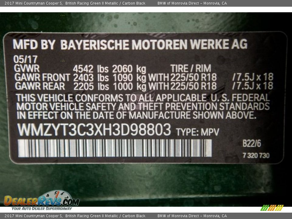 2017 Mini Countryman Cooper S British Racing Green II Metallic / Carbon Black Photo #11