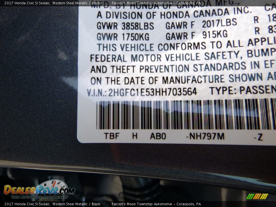 2017 Honda Civic Si Sedan Modern Steel Metallic / Black Photo #12