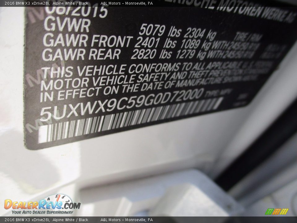 2016 BMW X3 xDrive28i Alpine White / Black Photo #19