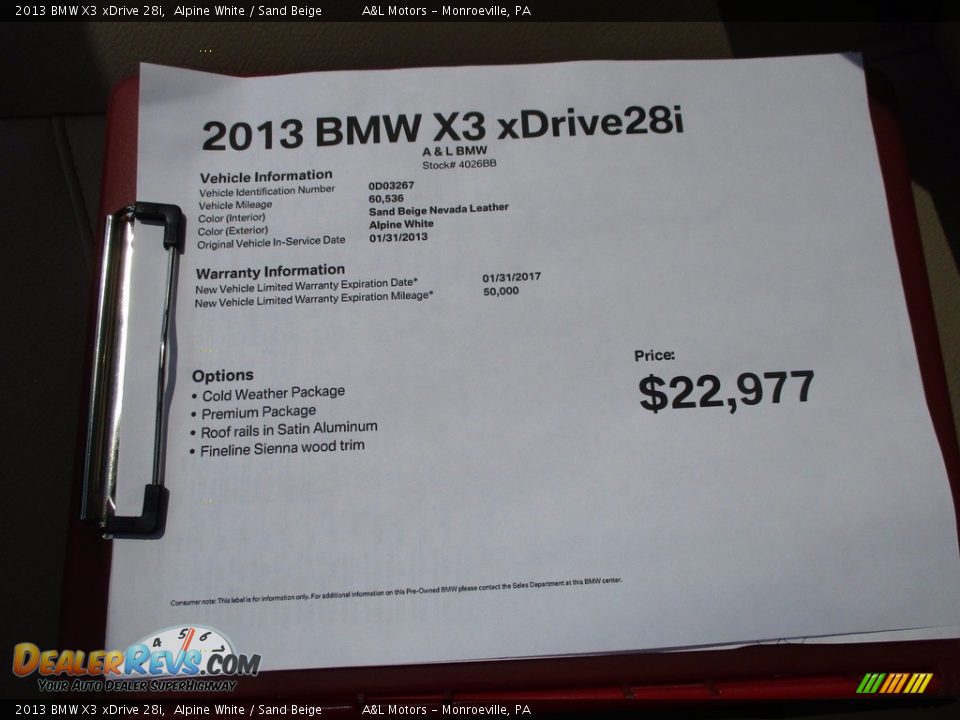2013 BMW X3 xDrive 28i Alpine White / Sand Beige Photo #11