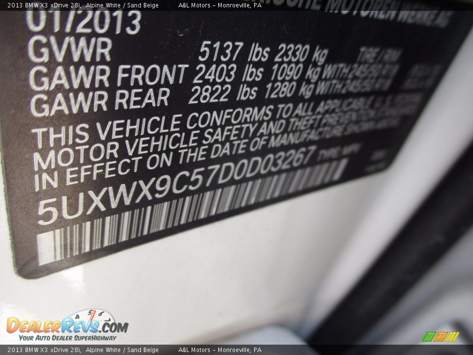 2013 BMW X3 xDrive 28i Alpine White / Sand Beige Photo #19