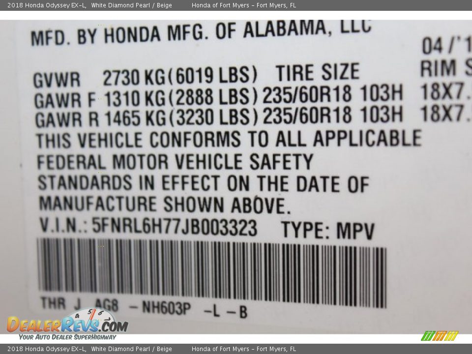 2018 Honda Odyssey EX-L White Diamond Pearl / Beige Photo #27