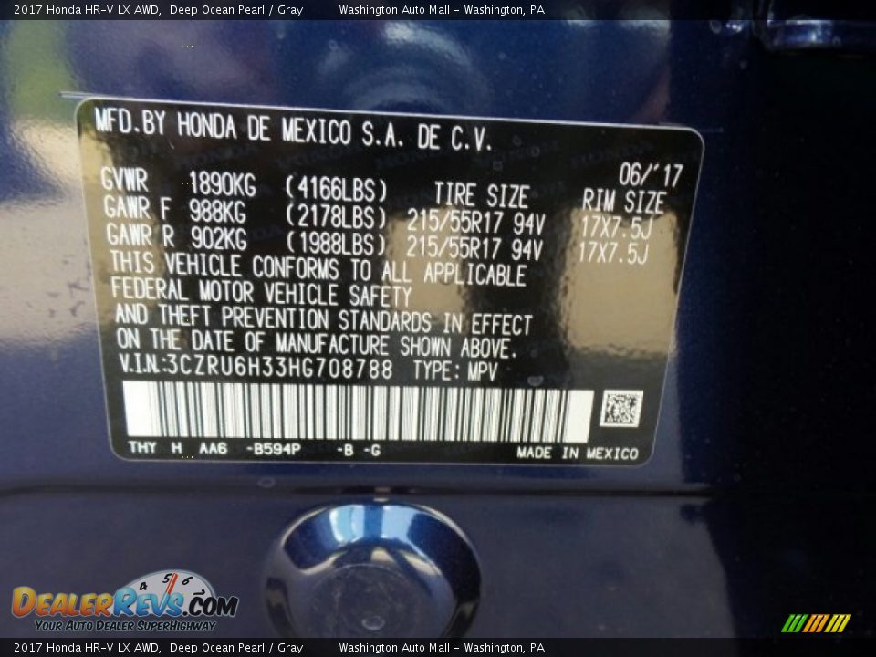 2017 Honda HR-V LX AWD Deep Ocean Pearl / Gray Photo #8