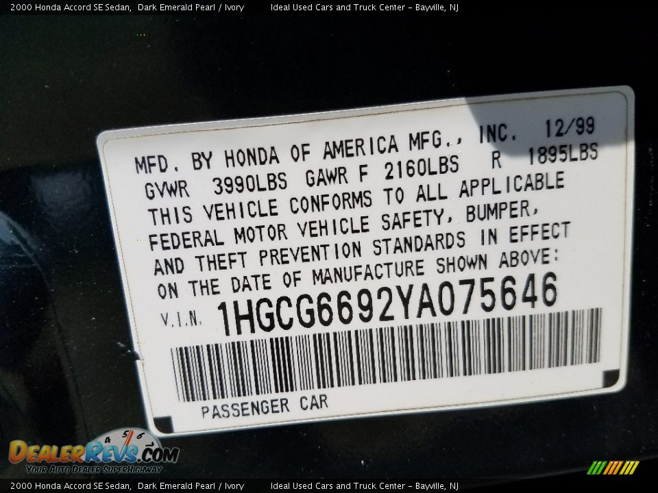 2000 Honda Accord SE Sedan Dark Emerald Pearl / Ivory Photo #13