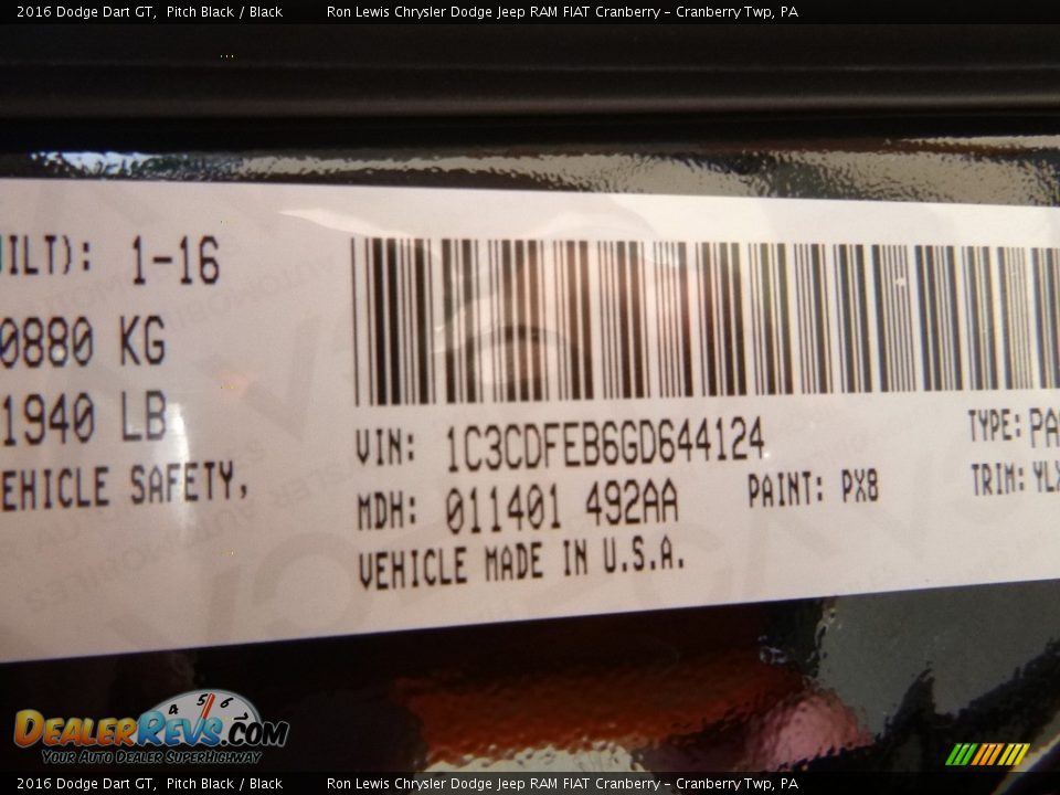 2016 Dodge Dart GT Pitch Black / Black Photo #15