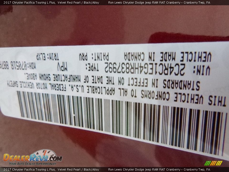 2017 Chrysler Pacifica Touring L Plus Velvet Red Pearl / Black/Alloy Photo #17