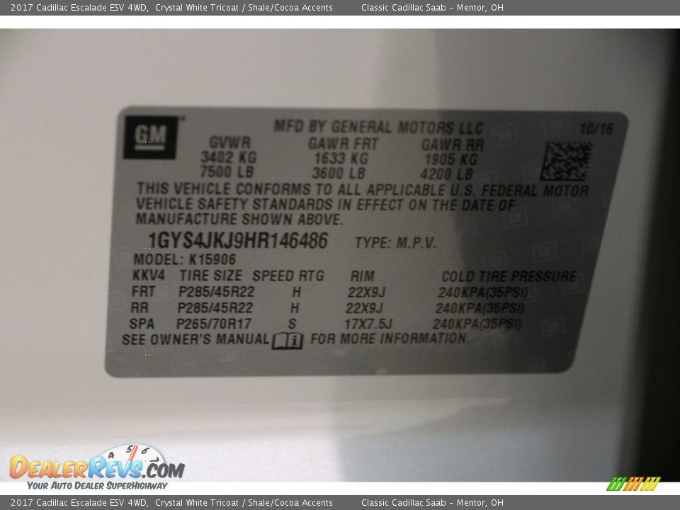 2017 Cadillac Escalade ESV 4WD Crystal White Tricoat / Shale/Cocoa Accents Photo #14
