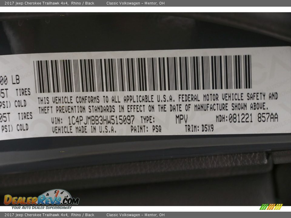 2017 Jeep Cherokee Trailhawk 4x4 Rhino / Black Photo #24