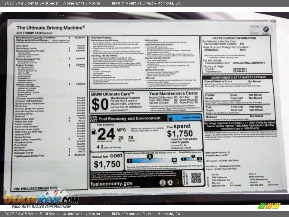 2017 BMW 5 Series 540i Sedan Alpine White / Mocha Photo #10