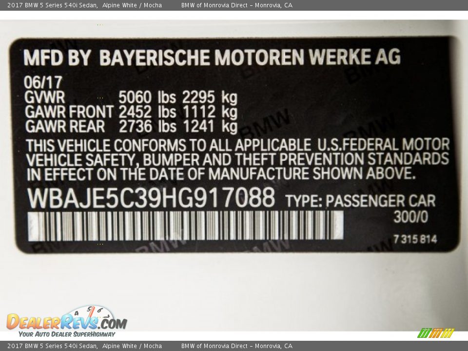 2017 BMW 5 Series 540i Sedan Alpine White / Mocha Photo #11