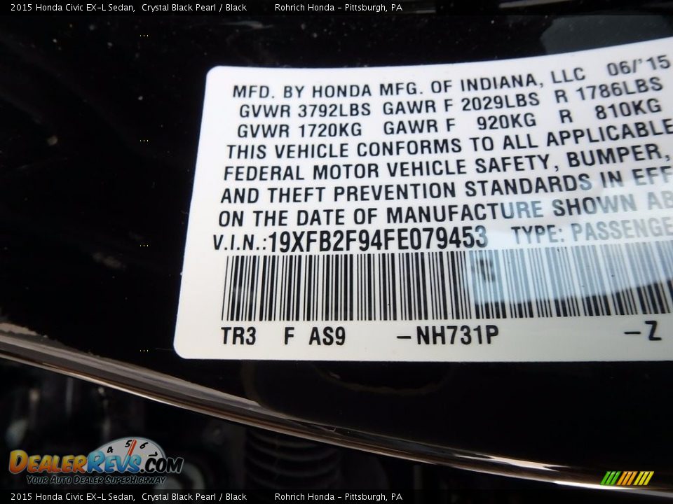 2015 Honda Civic EX-L Sedan Crystal Black Pearl / Black Photo #27