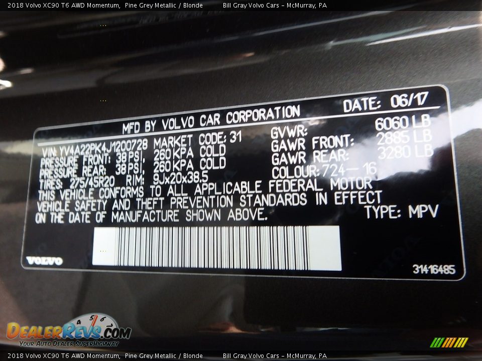 2018 Volvo XC90 T6 AWD Momentum Pine Grey Metallic / Blonde Photo #13