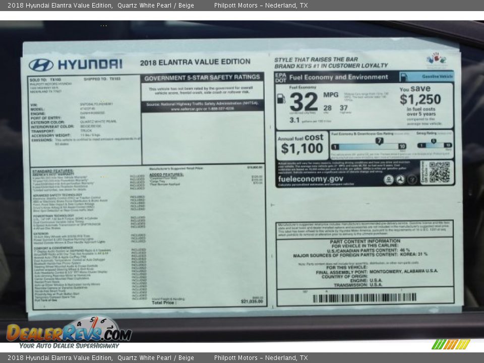 2018 Hyundai Elantra Value Edition Window Sticker Photo #5