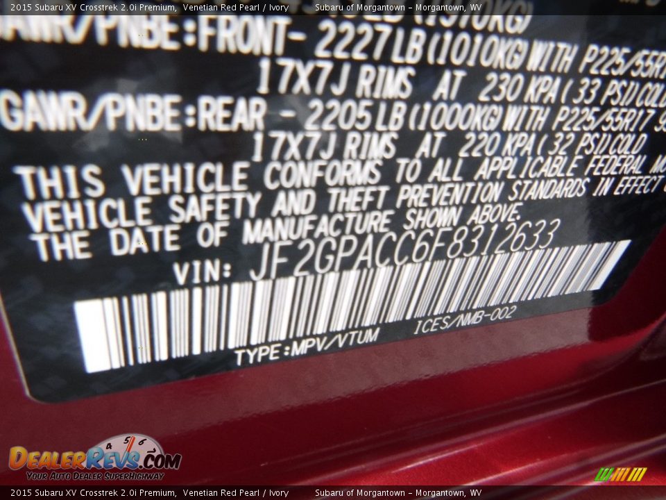 2015 Subaru XV Crosstrek 2.0i Premium Venetian Red Pearl / Ivory Photo #16