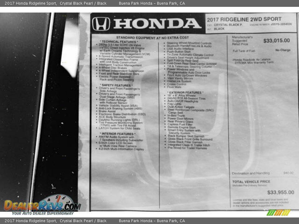 2017 Honda Ridgeline Sport Crystal Black Pearl / Black Photo #16
