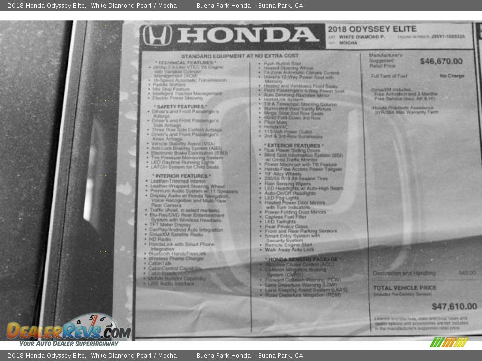 2018 Honda Odyssey Elite White Diamond Pearl / Mocha Photo #19