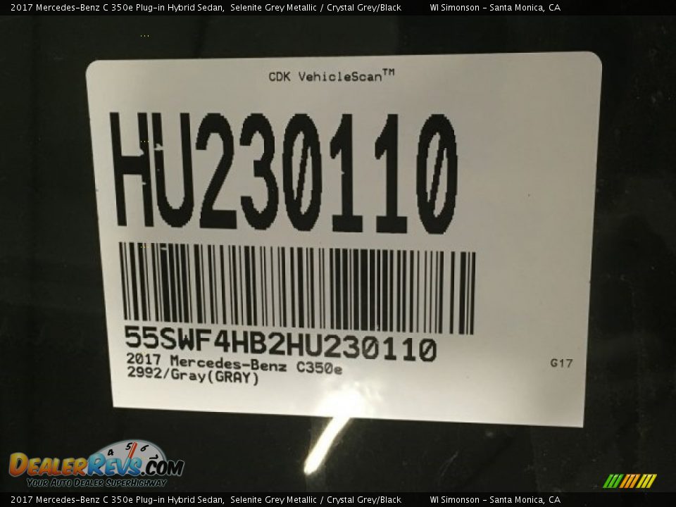 2017 Mercedes-Benz C 350e Plug-in Hybrid Sedan Selenite Grey Metallic / Crystal Grey/Black Photo #10
