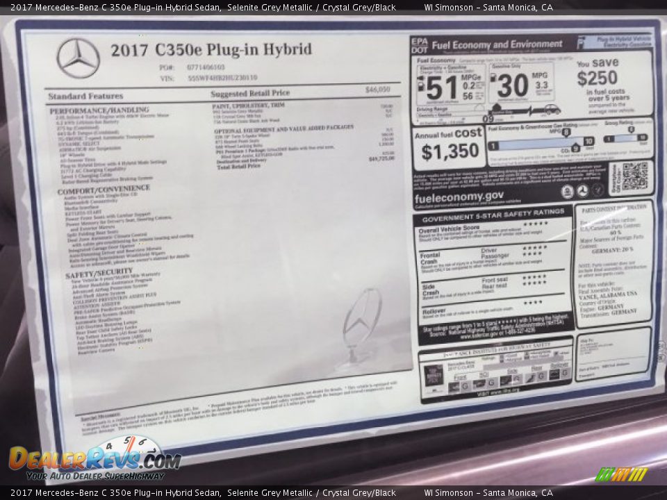 2017 Mercedes-Benz C 350e Plug-in Hybrid Sedan Selenite Grey Metallic / Crystal Grey/Black Photo #11