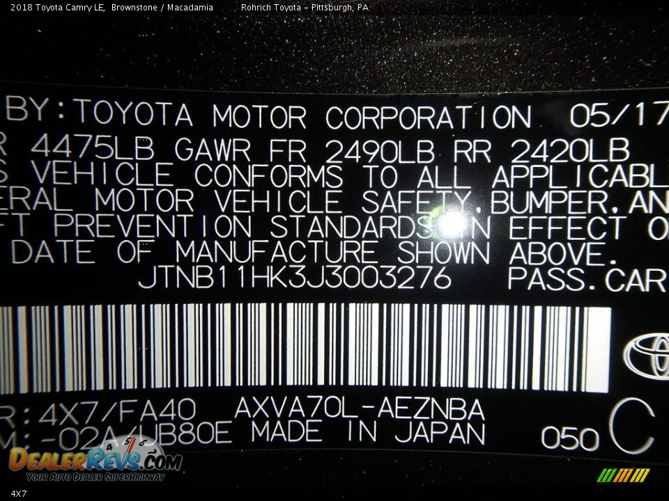 Toyota Color Code 4X7 Brownstone