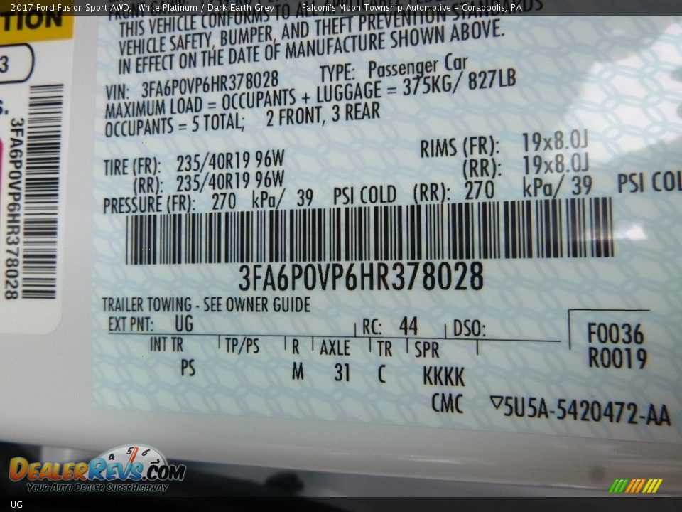 Ford Color Code UG White Platinum