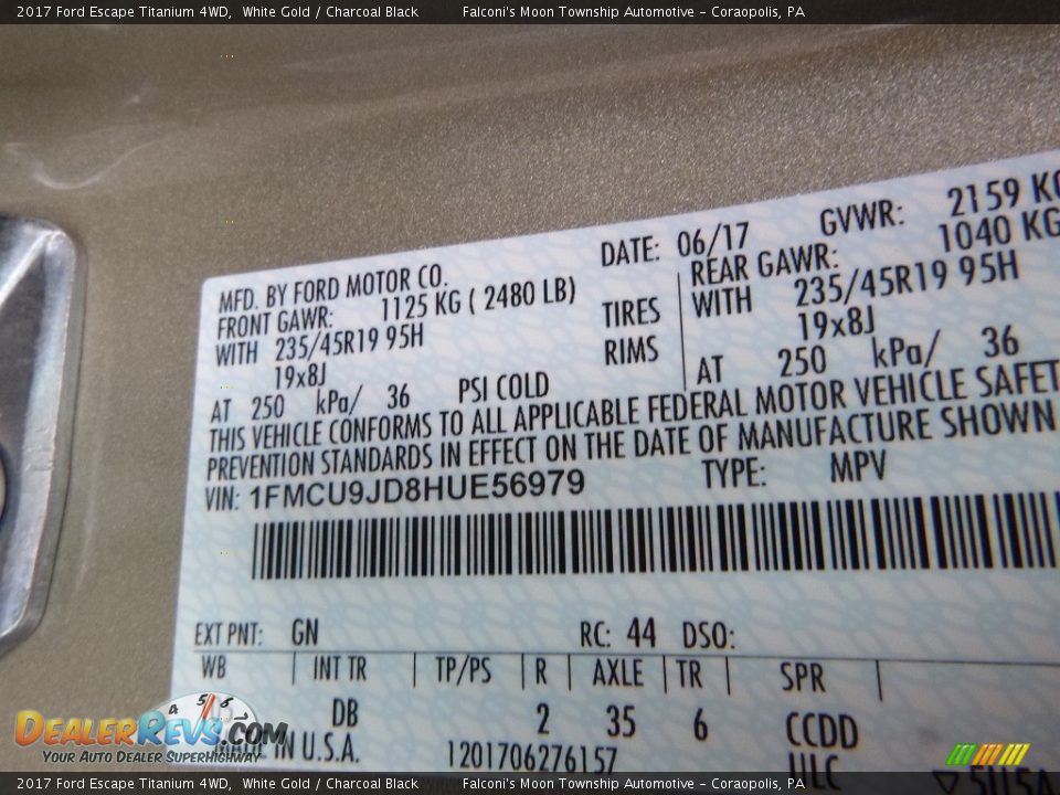 2017 Ford Escape Titanium 4WD White Gold / Charcoal Black Photo #11