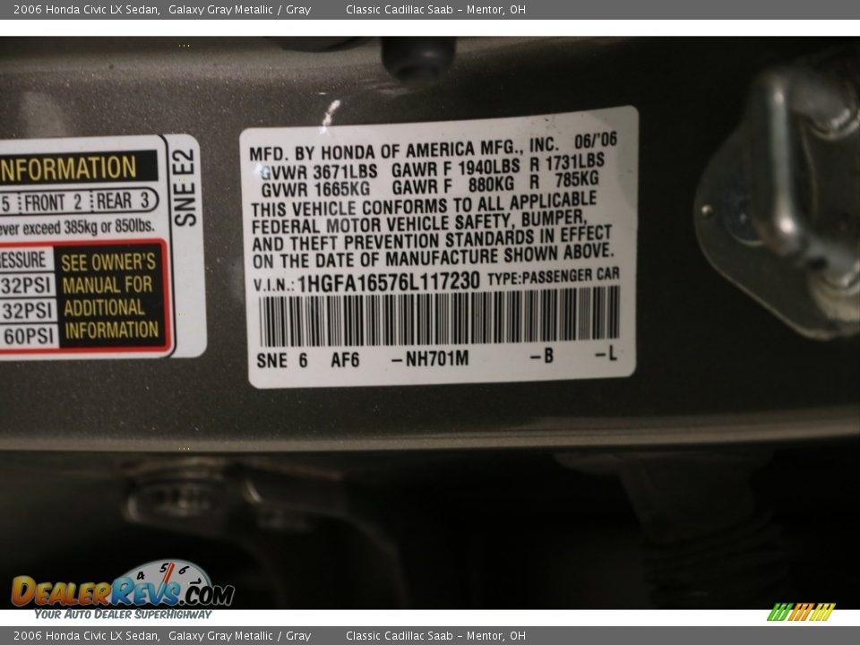 2006 Honda Civic LX Sedan Galaxy Gray Metallic / Gray Photo #15