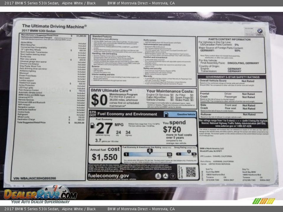 2017 BMW 5 Series 530i Sedan Alpine White / Black Photo #10