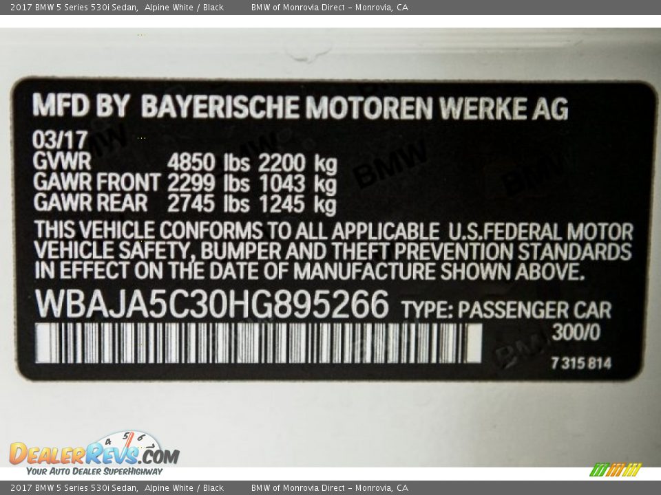 2017 BMW 5 Series 530i Sedan Alpine White / Black Photo #11