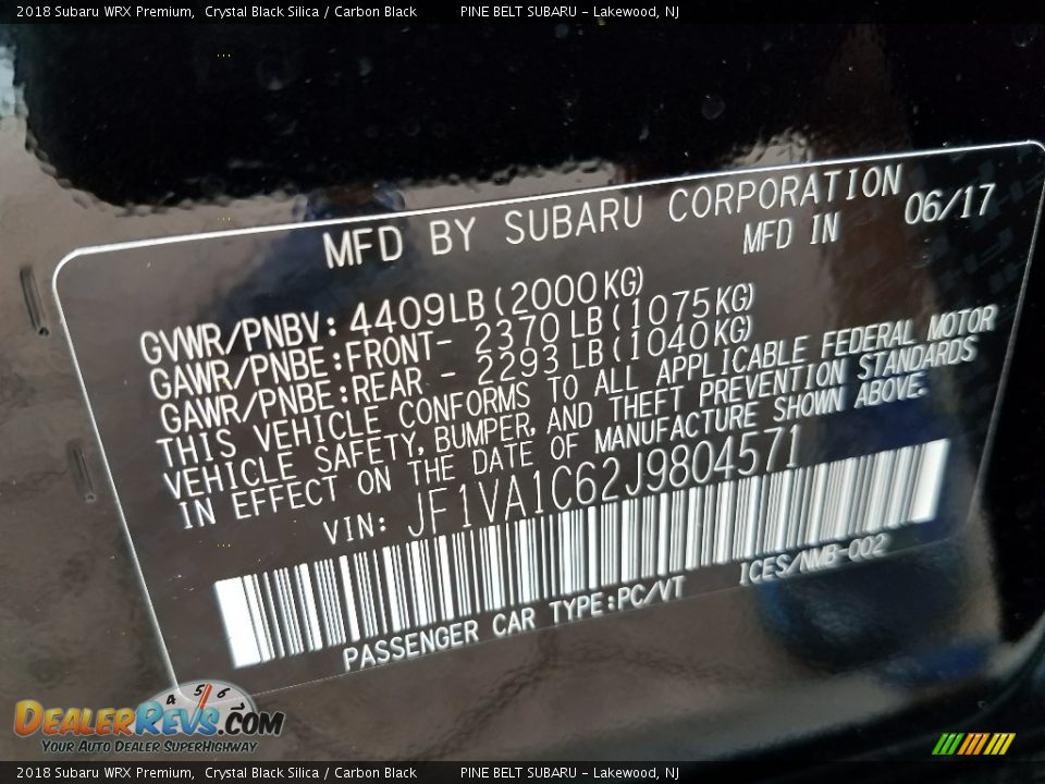 2018 Subaru WRX Premium Crystal Black Silica / Carbon Black Photo #9