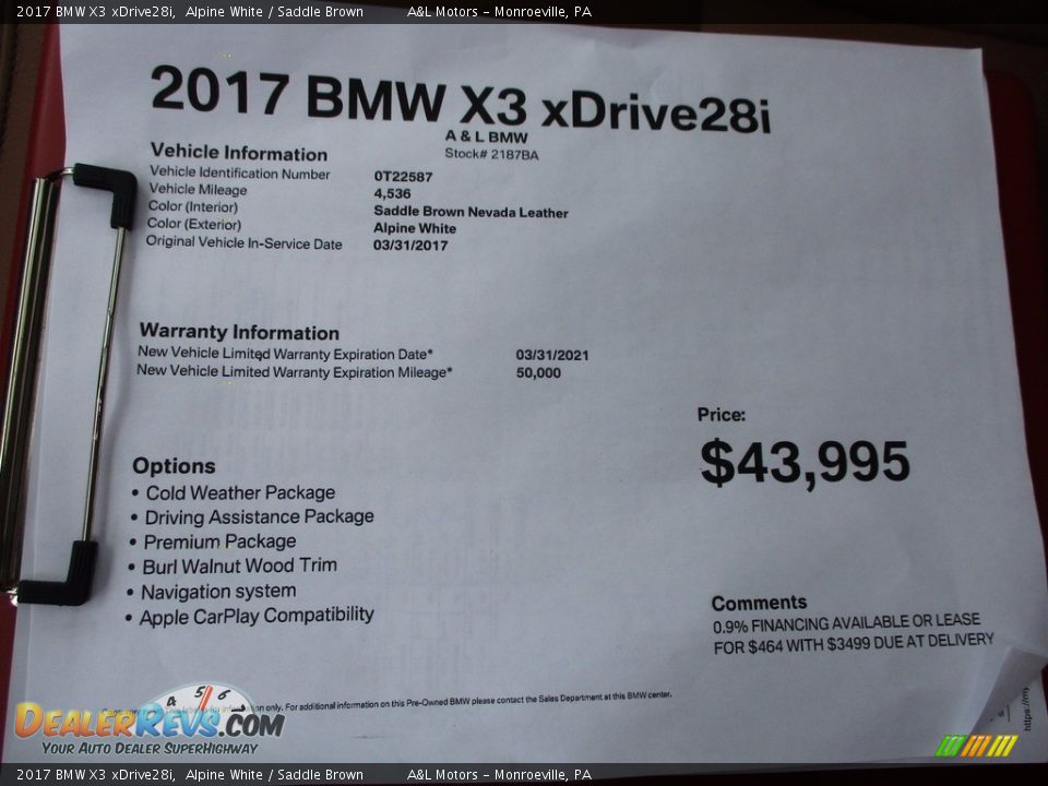 2017 BMW X3 xDrive28i Alpine White / Saddle Brown Photo #11