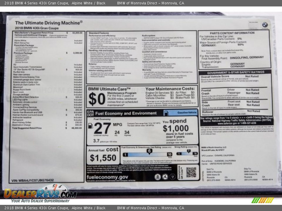 2018 BMW 4 Series 430i Gran Coupe Alpine White / Black Photo #10