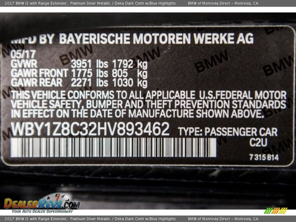 2017 BMW i3 with Range Extender Platinum Silver Metallic / Deka Dark Cloth w/Blue Highlights Photo #11