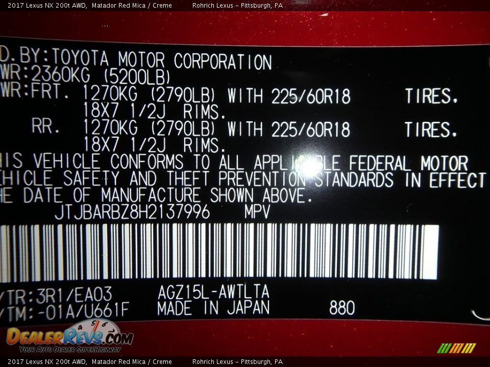 2017 Lexus NX 200t AWD Matador Red Mica / Creme Photo #10