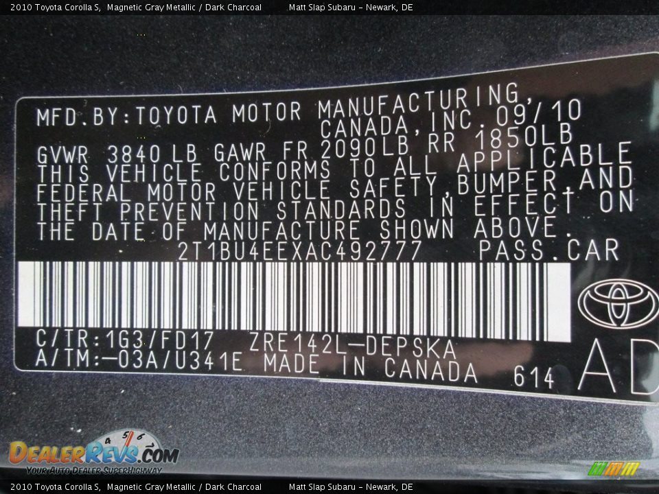 2010 Toyota Corolla S Magnetic Gray Metallic / Dark Charcoal Photo #28