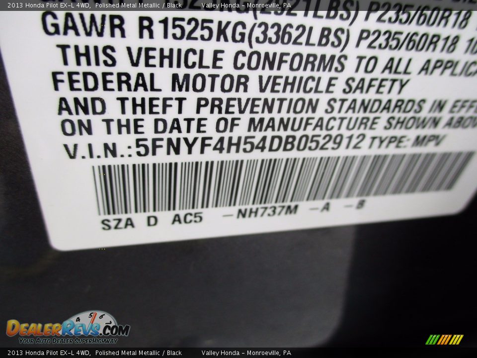 2013 Honda Pilot EX-L 4WD Polished Metal Metallic / Black Photo #19
