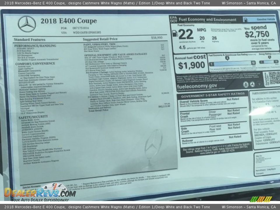 2018 Mercedes-Benz E 400 Coupe Window Sticker Photo #13