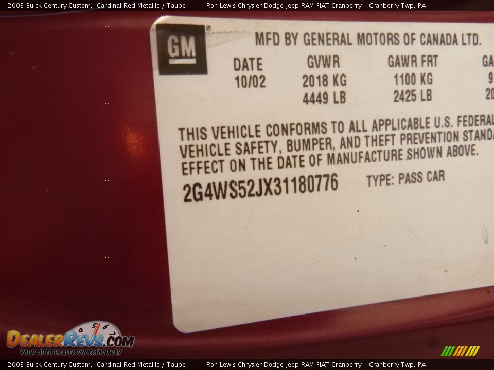 2003 Buick Century Custom Cardinal Red Metallic / Taupe Photo #16